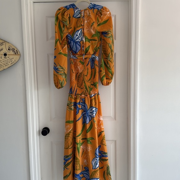 NWT THE SANG Tropical Floral Maxi Dress Plunge Neck Long Sleeve Vacation S - Picture 7 of 7